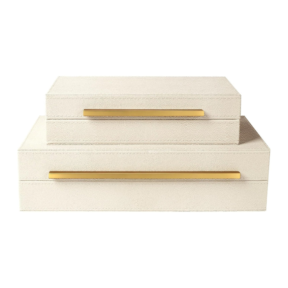 Sagala Set of 2 Beige Shagreen Decorative Boxes With Gold Metal Handles, Faux...