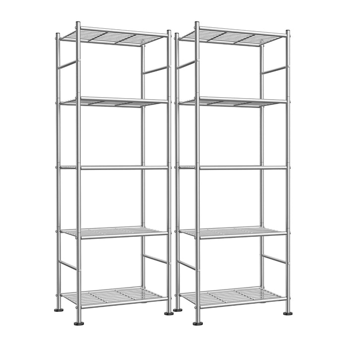 Sakugi Storage Shelves - Set of 2, 5-Tier Metal Shelf Organizer, Space-Saving Garage Shelving with Leveling Feet, Standing Shelves Organizer for Kitchen, Laundry, Pantry (18.4"x12.6"x57.4", Silver)