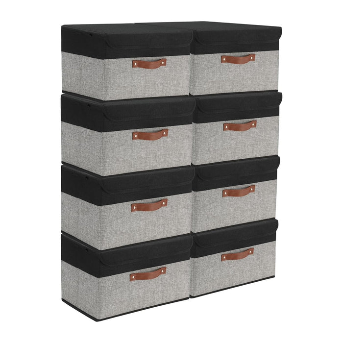 SAMORADREA 8 Pack Linen Foldable Storage Box Containers Fabric Bins with Lids Storage Baskets for Shelves Drawers, Desktop, Closet, Classroom, Office, Bedroom, Home, Garage (Black&Grey)