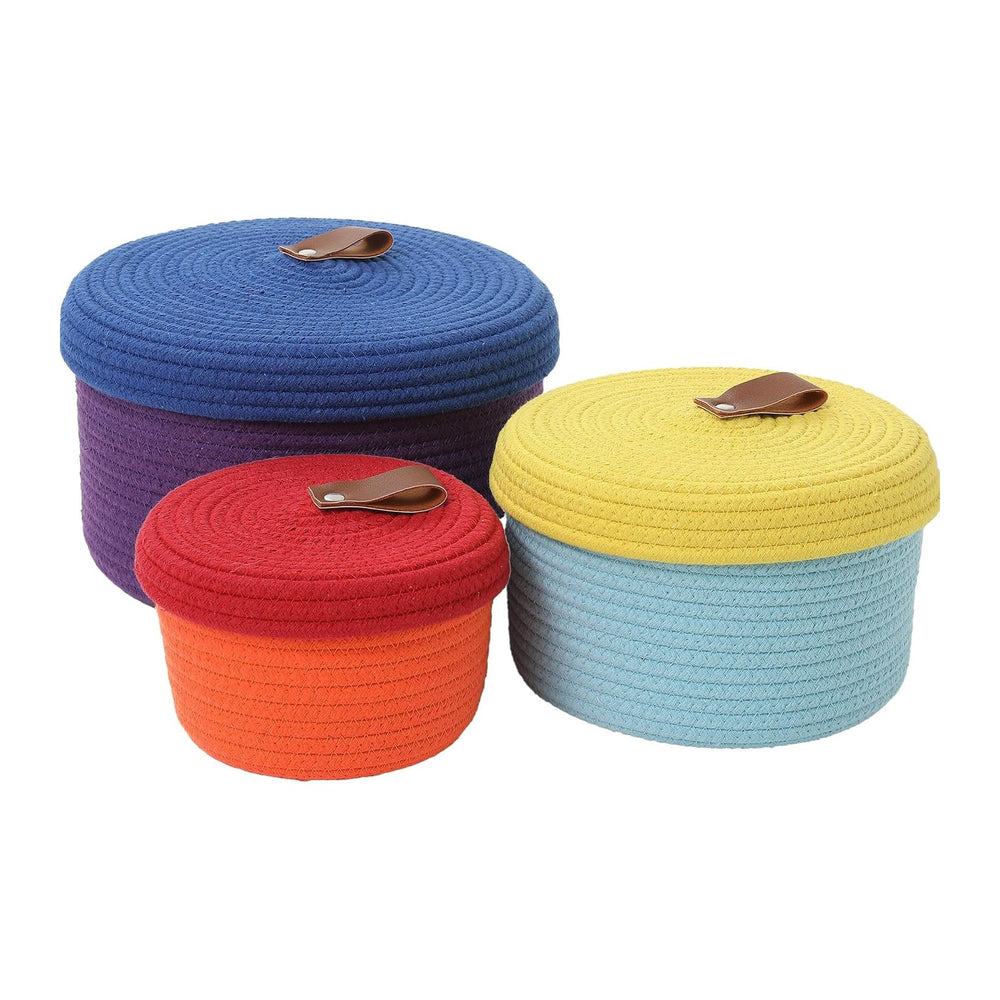 Set of 3 Small Woven Baskets with Lids, Cotton Rope Round Nesting Storage Bas...