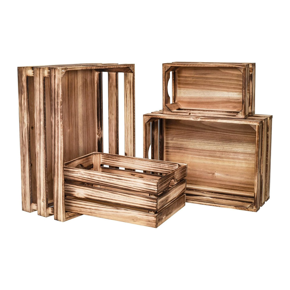 Set of 4 Large Torched Wood Decorative Storage Crates, Nesting Wooden Crates ...