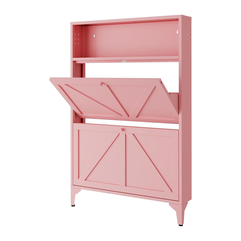 Shoe Cabinet with 2 Flip Drawers and Open Top Space-Metal Narrow Shoe Rack fo...