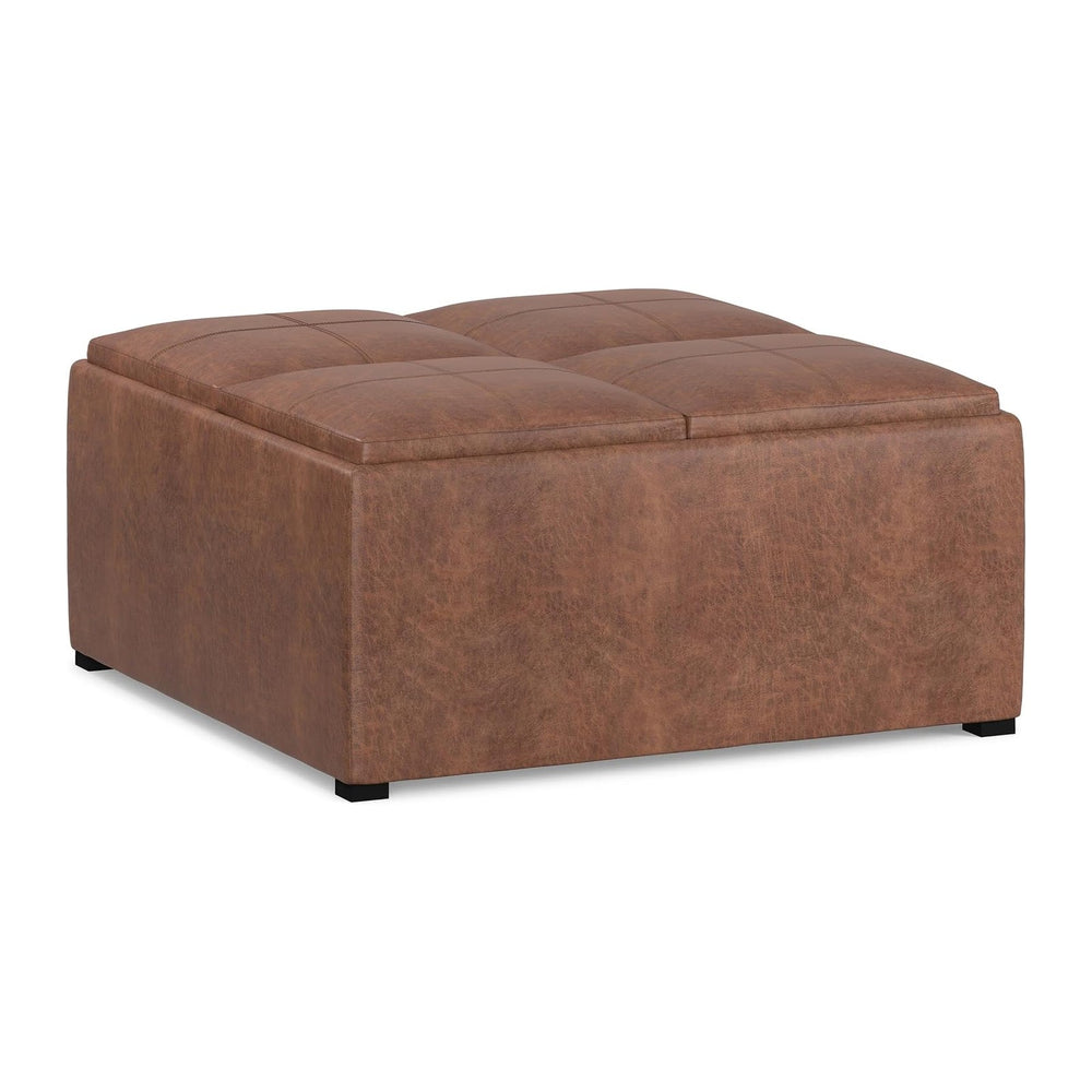 SIMPLIHOME Avalon 35" Wide Vegan Leather Storage Ottoman in Umber Brown