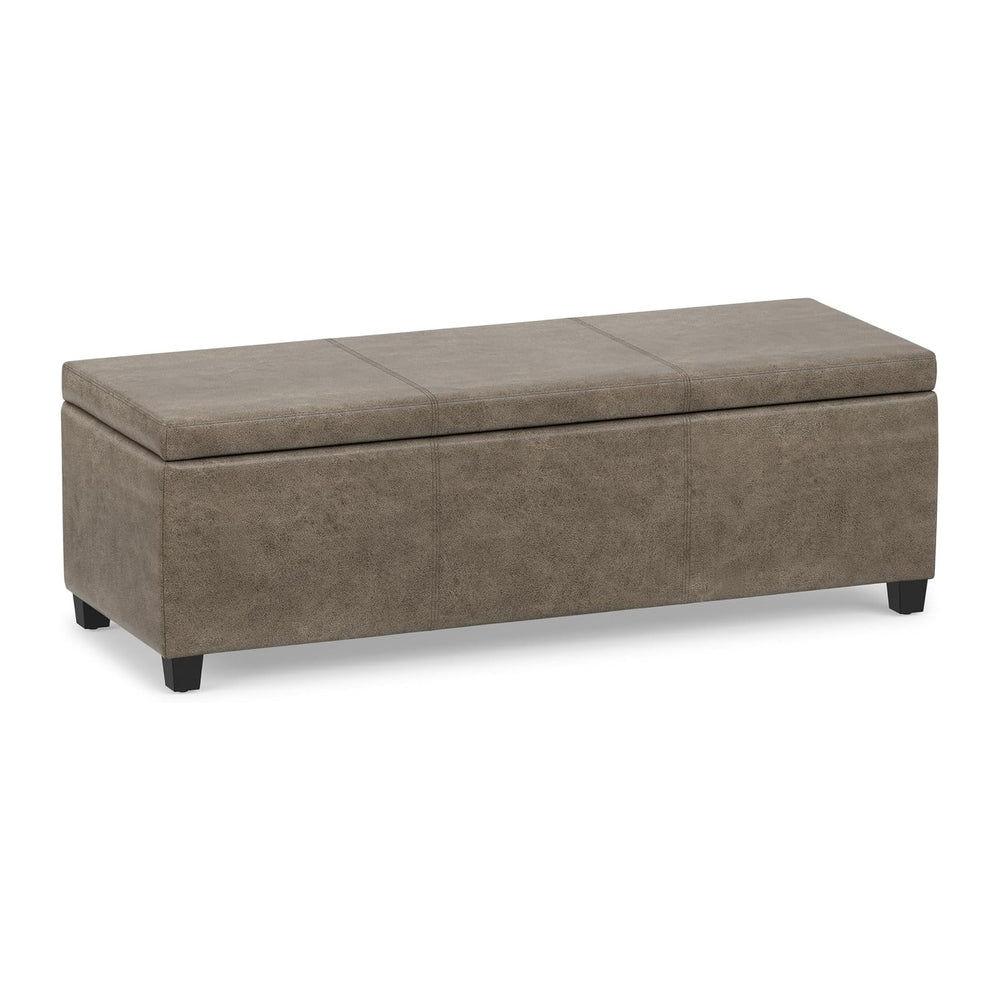SIMPLIHOME Avalon 48" Wide Vegan Leather Storage Ottoman in Grey Brown