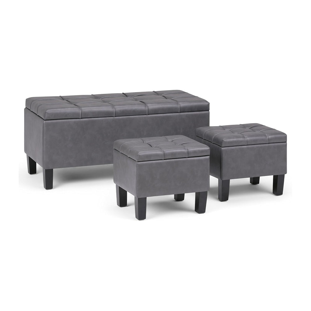 SIMPLIHOME Dover 44" Wide Vegan Leather Storage Ottoman in Grey (Set of 3)