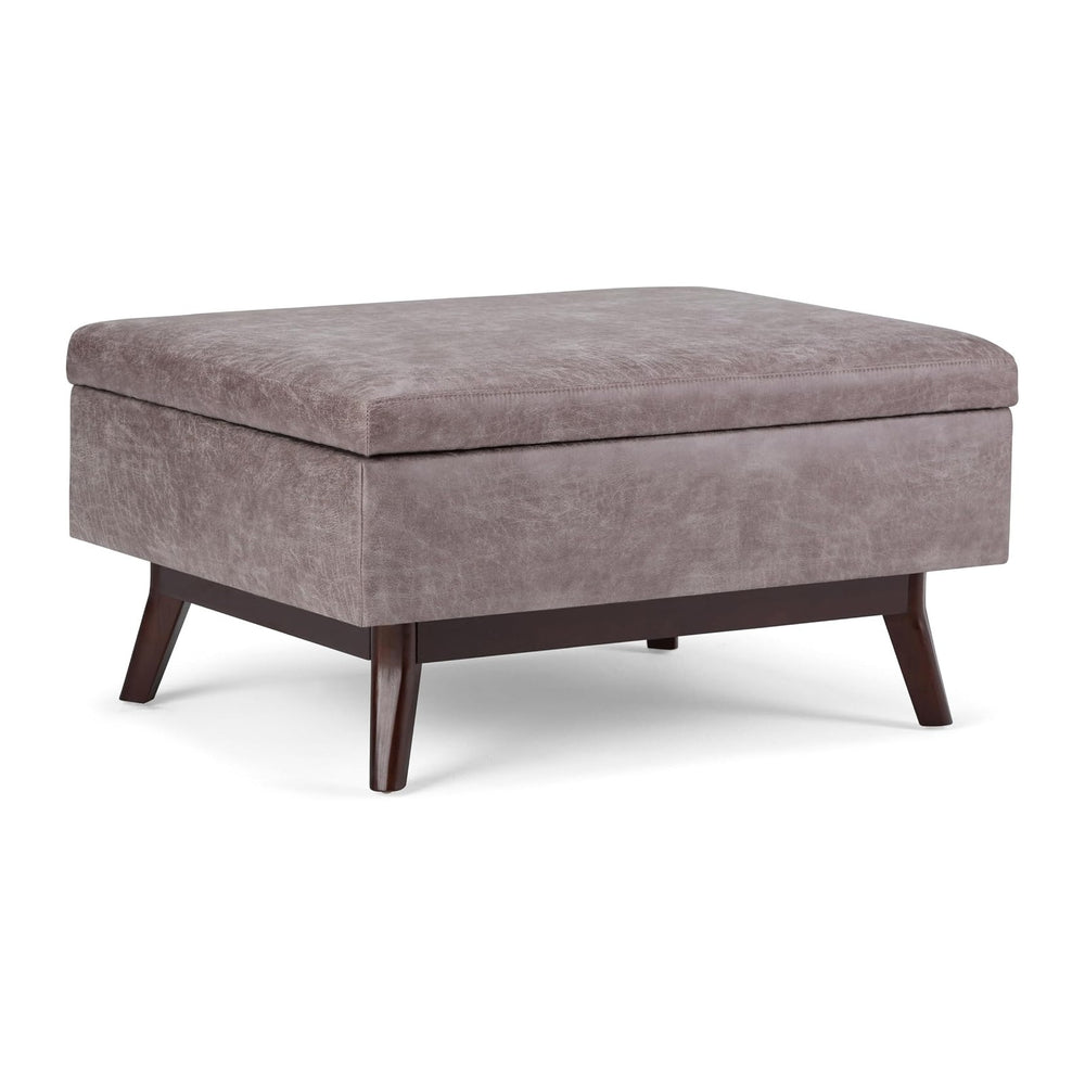 SIMPLIHOME Owen 34" Wide Vegan Leather Lift Top Ottoman in Grey Taupe