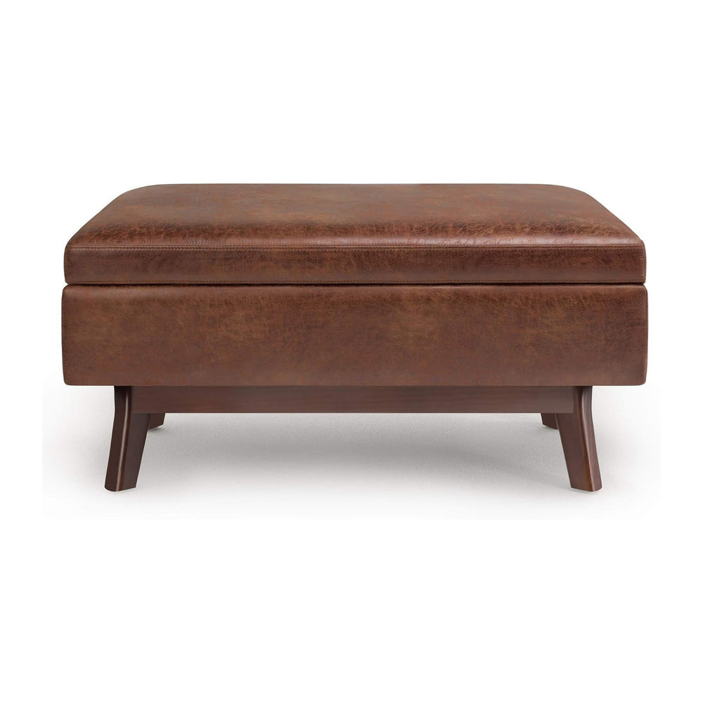 SIMPLIHOME Owen 36" Wide Vegan Leather Lift Top Ottoman in Saddle Brown