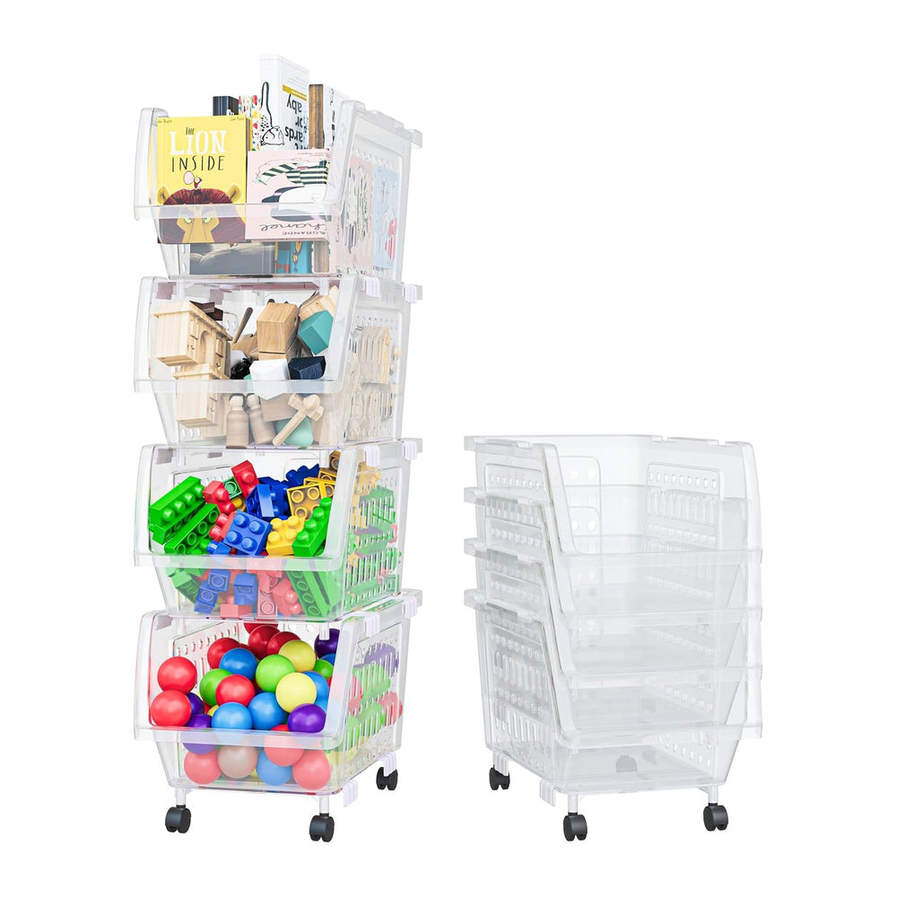 Small Stackable Storage Bins Open Front with Wheels, 4 Pack - Clear