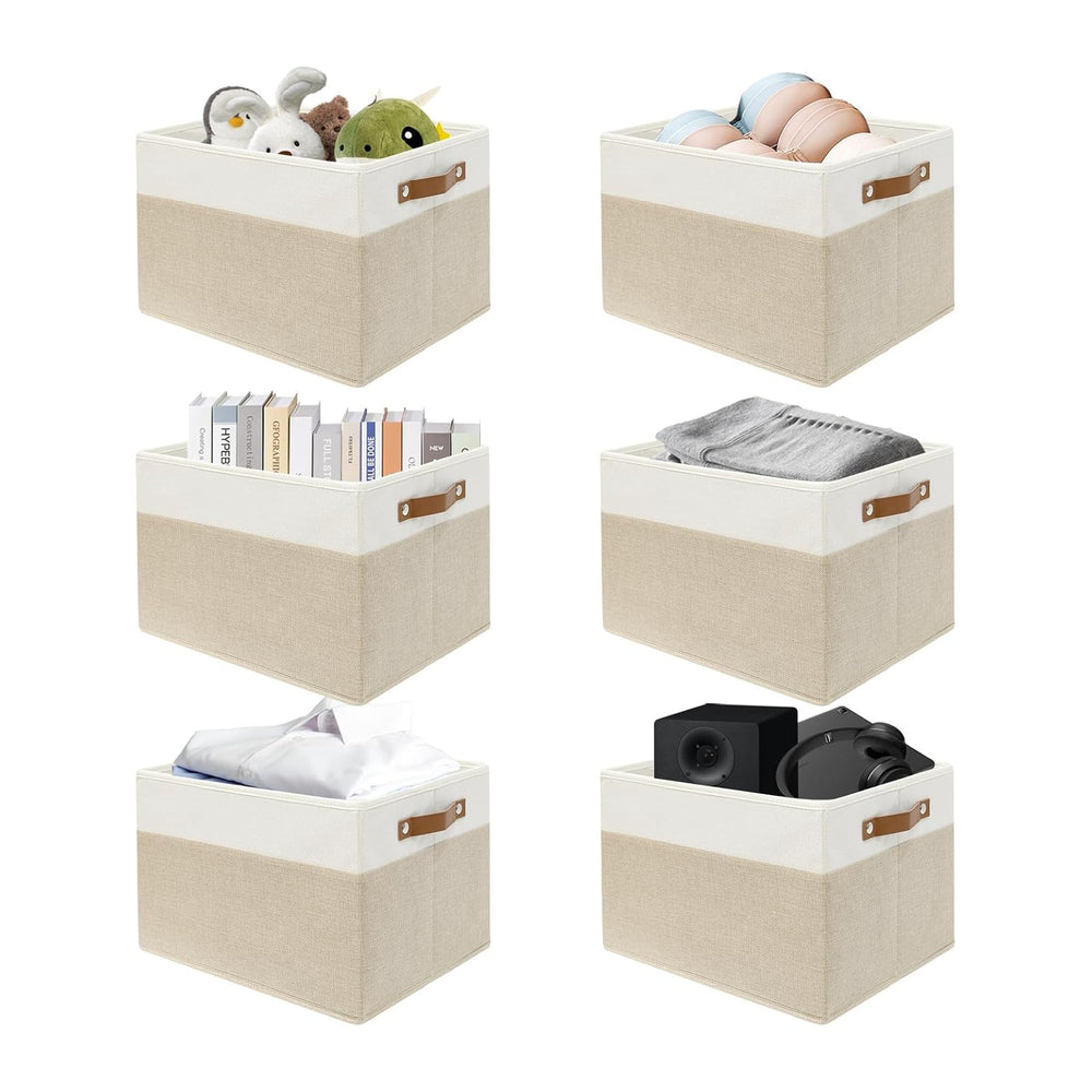 SNWDN 6 Pack Collapsible Fabric Storage Baskets with Handles (White/Beige 15&...