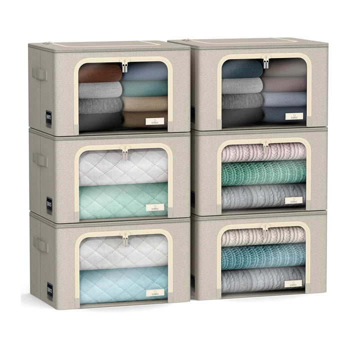 Sorbus Clothes Storage Bins with Metal Frame, Clear Window (6 Pack, Beige)