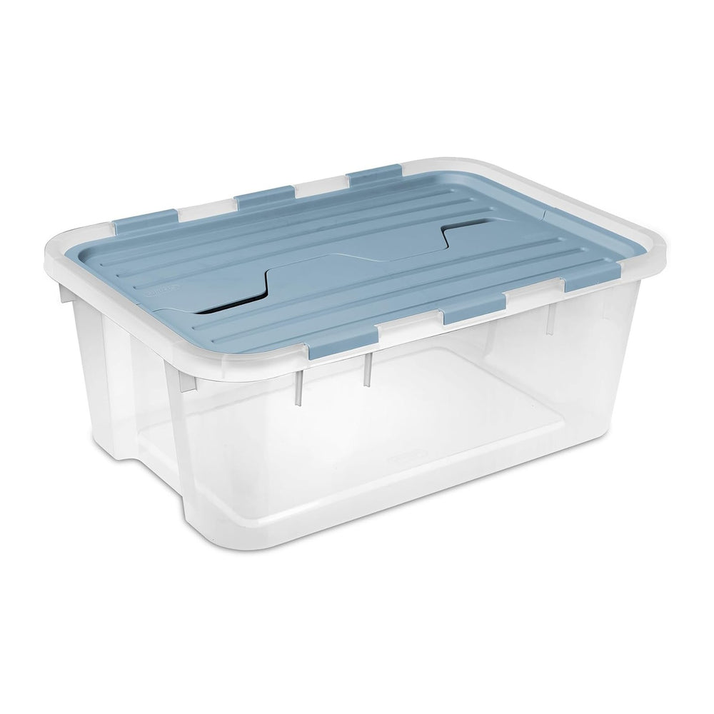 Sterilite 18 Pack Hinged Lid Storage Box, 40 Qt Plastic Container, Washed Blu...