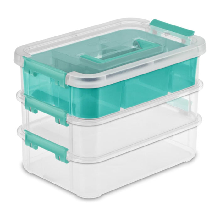 Sterilite 24 Pack Plastic Storage Box Container, 3 Layer, Stack and Carry, Clear/Blue