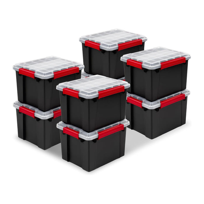 Sterilite 8 Pack Gasket Box, Stackable Plastic 8.5 Gallon Storage Container with Lids, Black - Waterproof and Dustproof Tote for Home Organization