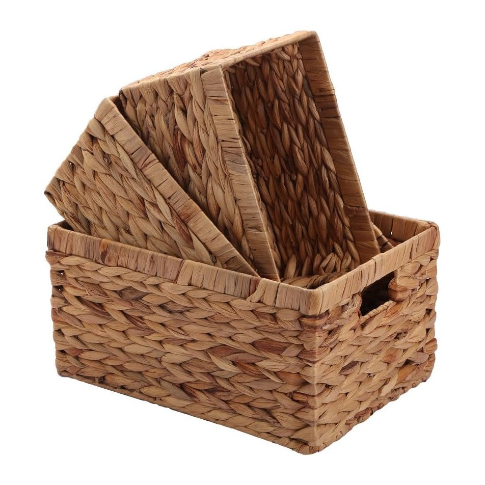 Storage Baskets,Woven Natural Water hyacinth Box with Handle,Kingwillow.(Set ...