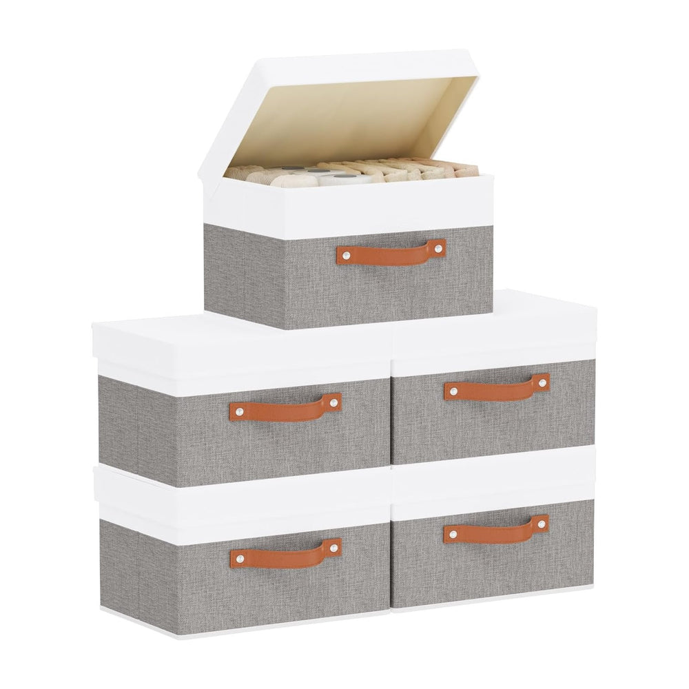 Storage Bins with Lids,White/Grey Baskets,5Pack,13x9.1x7.9In