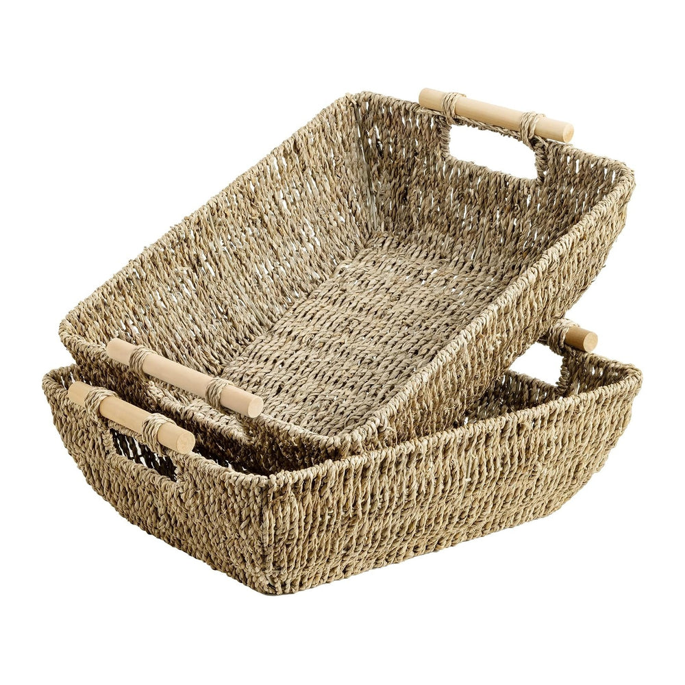 StorageWorks Hand-Woven Jumbo Storage Baskets with Wooden Handles, Seagrass W...