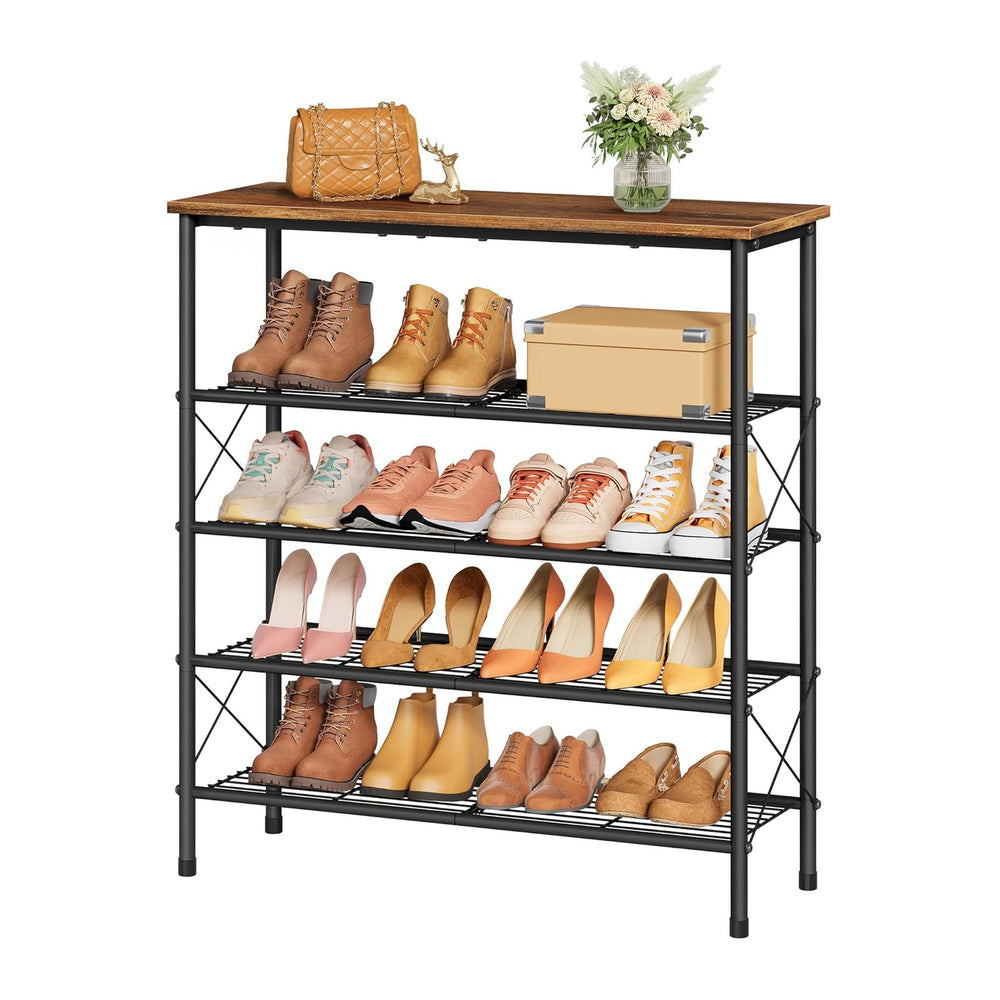 Tajsoon 5 Tier Shoe Rack for 16-20 Pairs of Shoes, Rustic Brown & Black