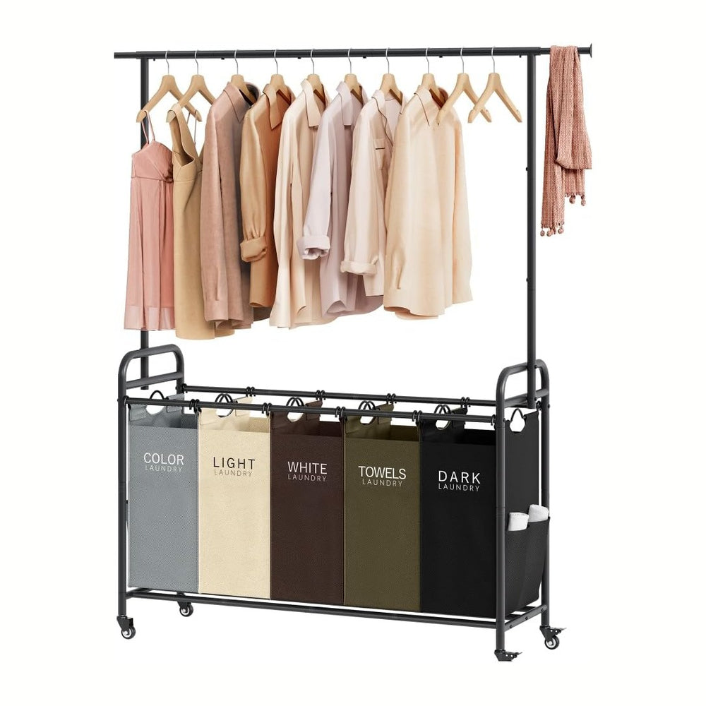 Tajsoon Laundry Sorter Cart with Hanging Rack, 5 Section, 5 Colors