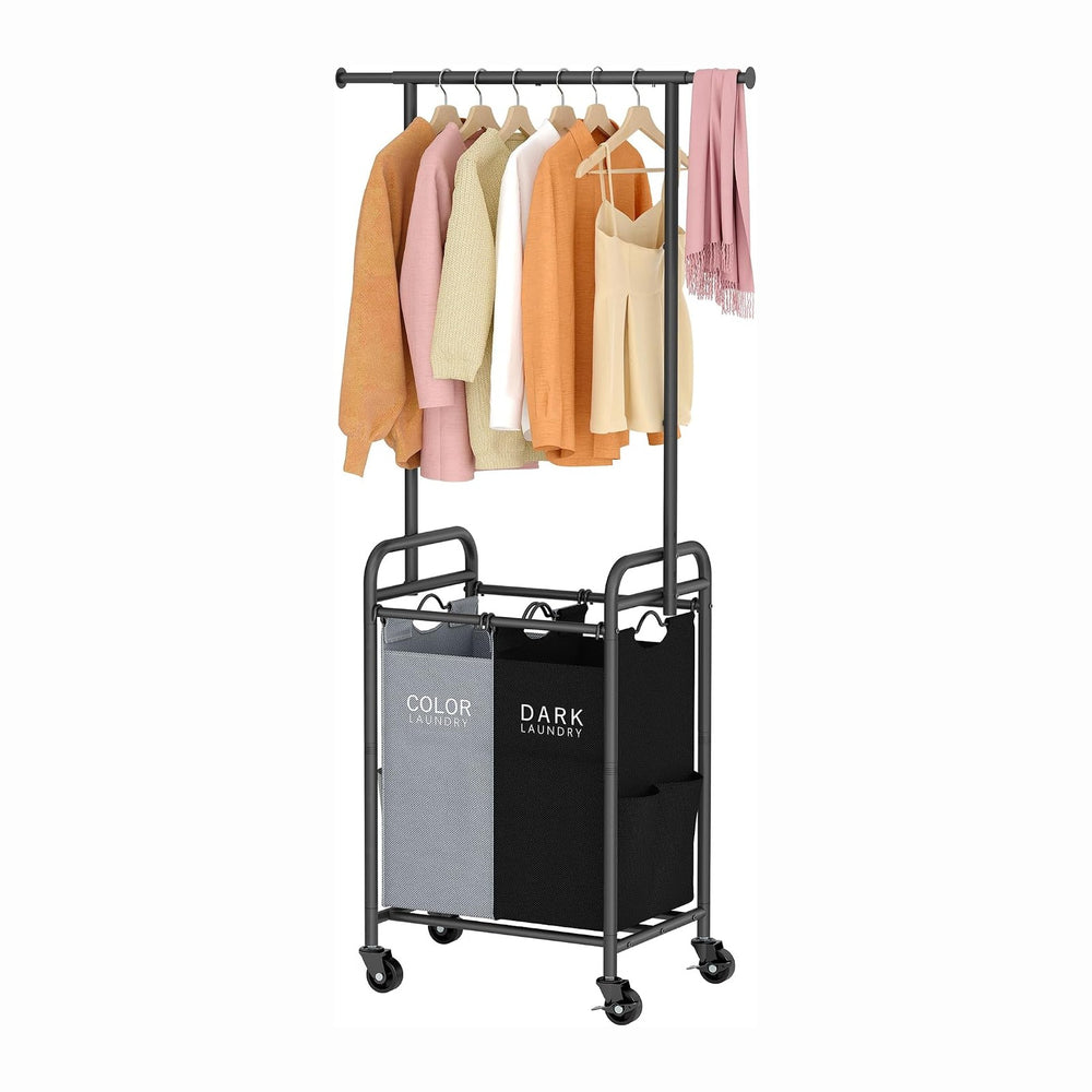 Tajsoon Laundry Sorter with Hanging Bar, 2 Bag laundry cart, Black & Gray