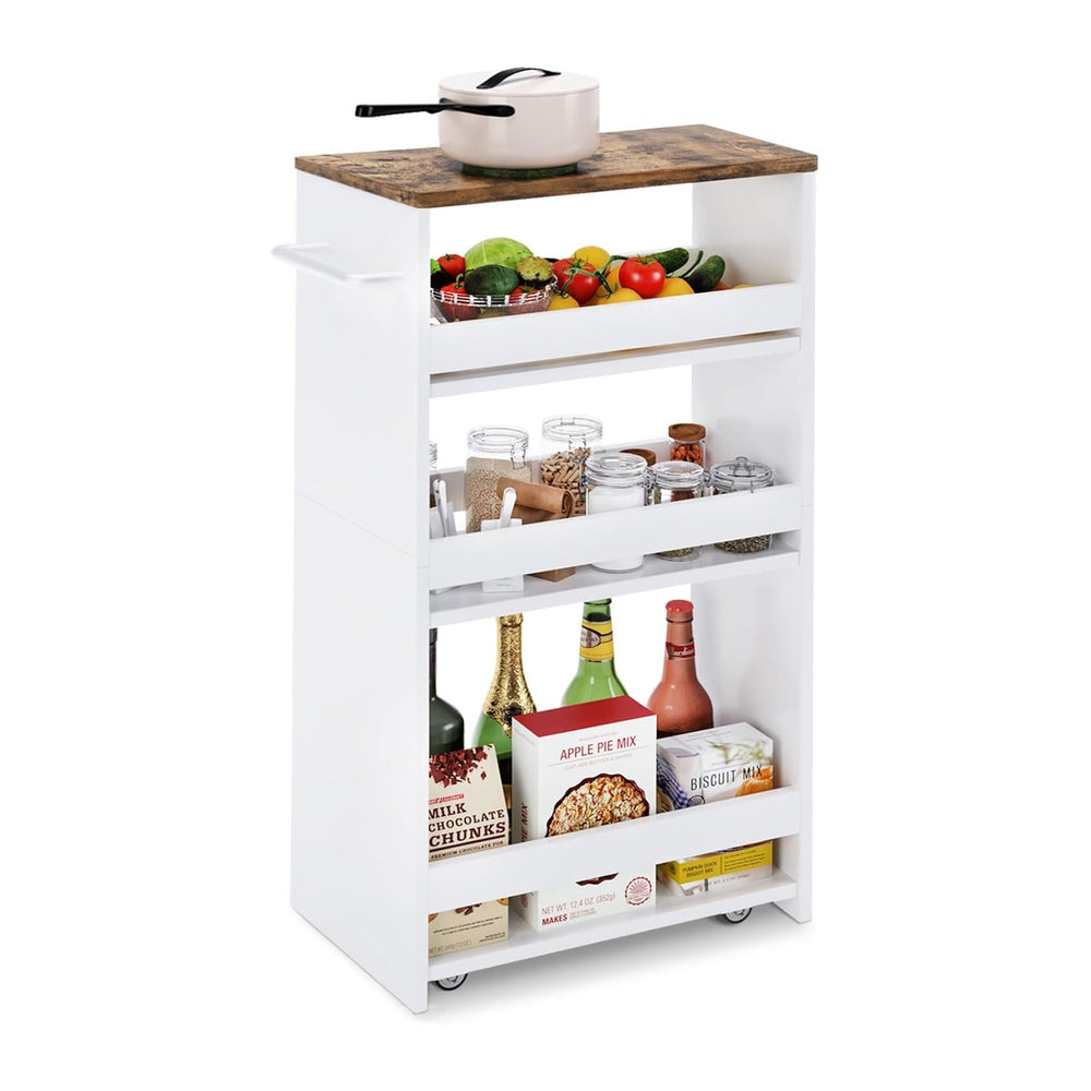 TEAMIX Slim Rolling Storage Cart, Wood 4-Tier Narrow Kitchen/Laundry Cart