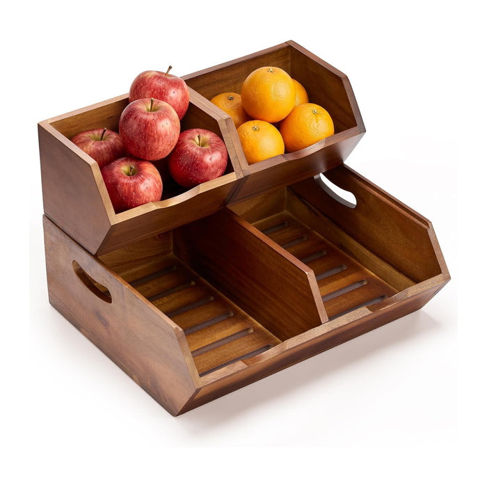 Tidita Wood Potato and Onion Storage Bin, Set of 3, Stackable, Walnut Color