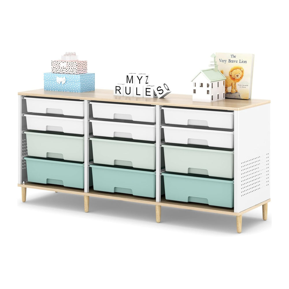 TOOLF 12 Drawers Storage Cabinet with Wooden Top and Plastic Bins,Green