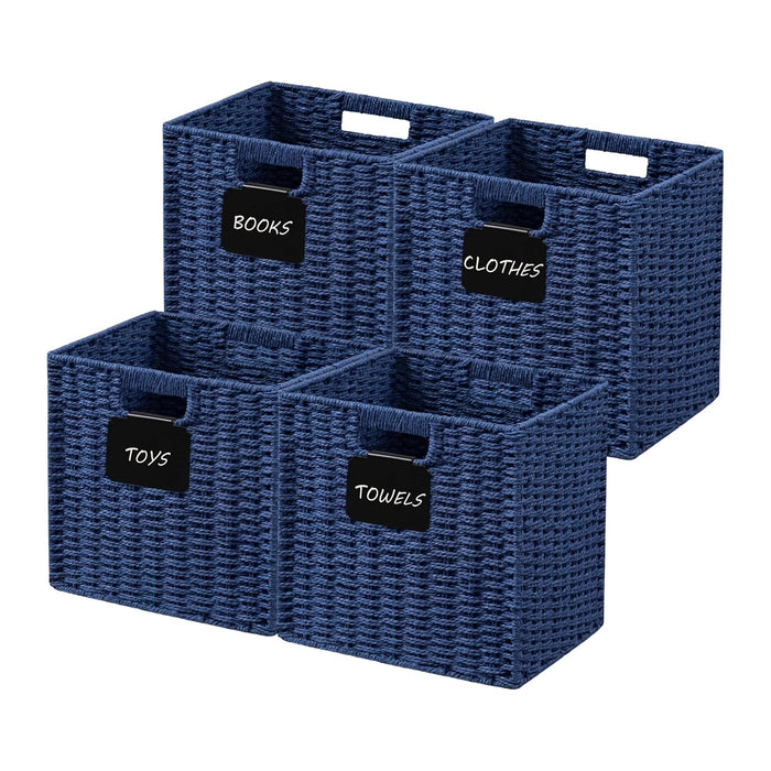 UBBCARE 4 Pack Wicker Basket, 10.5×10.5 Storage Cubes with Label, Foldable Cube Storage Bin with Handle, Square Storage Basket for Shelves, Woven Paper Rope Basket for Organizing, Blue