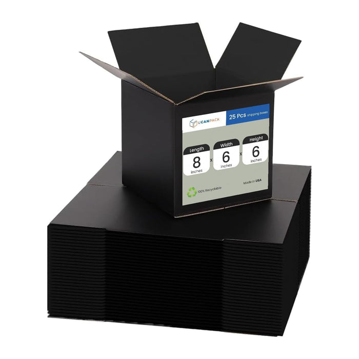 Ucanpack 8"L x6"W x6"H Cardboard Storage Box, 25 Pcs Large Moving Boxes, Made In USA- Shipping Boxes For Small Business, E Flute All Black Corrugated Shipping Box, Custom Box For Craft