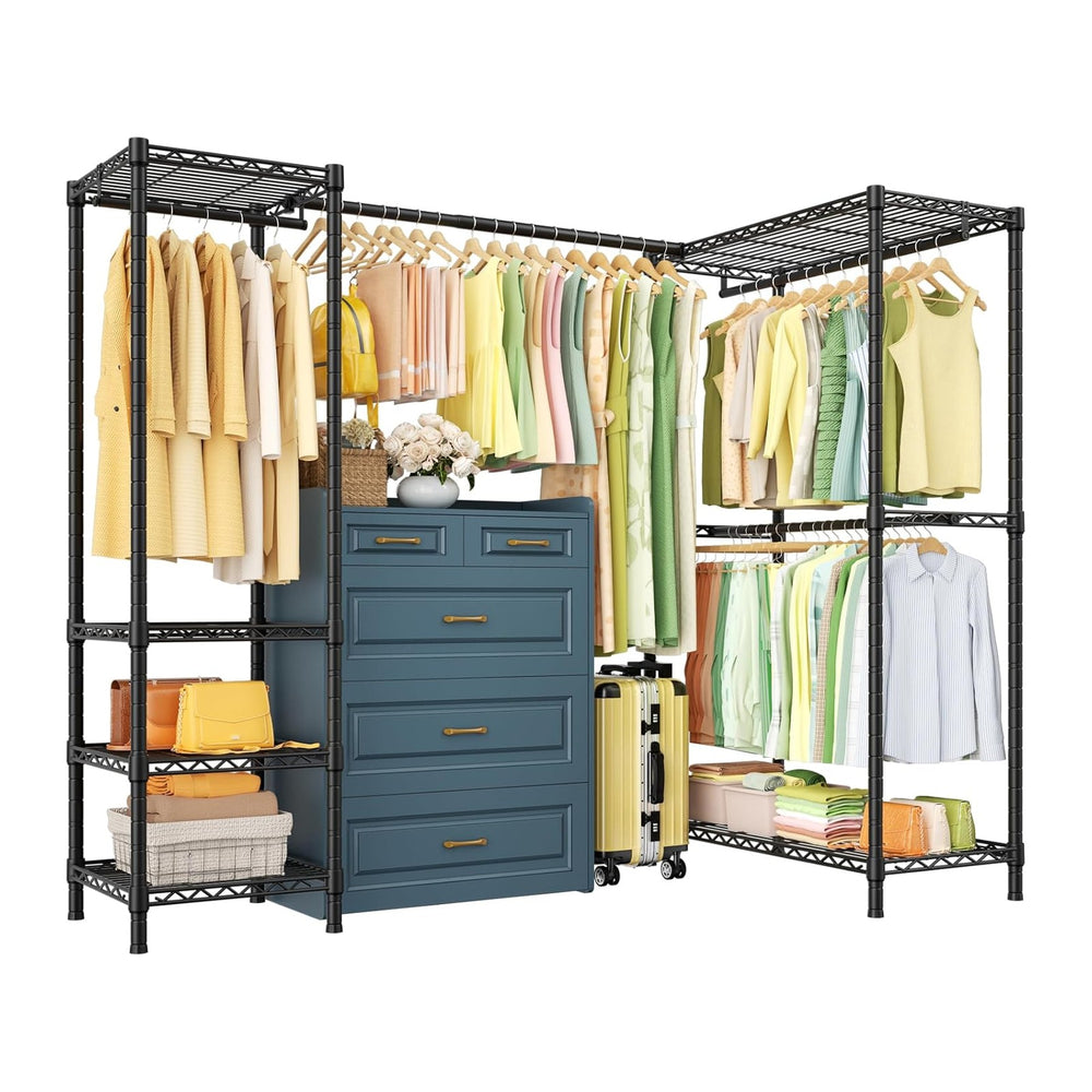 ULIFHOME E10L L-Shaped Clothes Rack for Corner(With Expandable Hanger Rod)Hea...