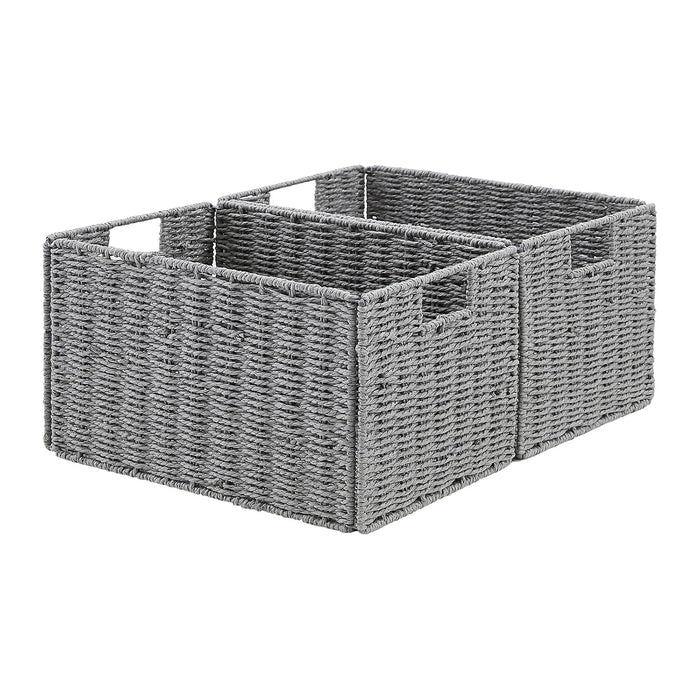 Vagusicc Wicker Storage Basket, Set of 2 Hand-Woven Paper Rope Wicker Basket, Small Storage Baskets for Organizing Toilet Paper Basket, Foldable Large Cube Storage Organizer Bins for Shelves (Grey)