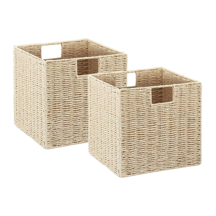 Vagusicc Wicker Storage Basket, Set of 2 Hand-Woven Paper Rope Storage Baskets, Foldable Cube Storage Organizer Bins, 11 Inch Wicker Storage Baskets for Shelves and Decor, Square Storage Basket, Beige