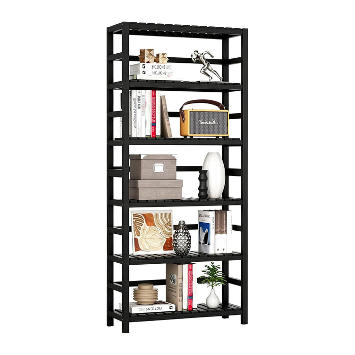 VASMIA 6-Tier Bamboo Shelf,Bamboo Storage Shelving Unit,Tall Bookcase with Adjustable Shelves,Multipurpose Storage Display Shelf for Bathroom, Living Room, Balcony, Kitchen,Black