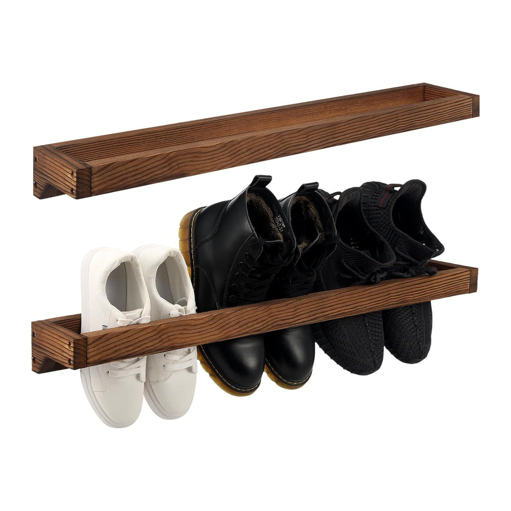 Wenqik 2 Pcs Wall Mounted Wooden Shoe Rack Wood Wall Hanging, Burnt Wood
