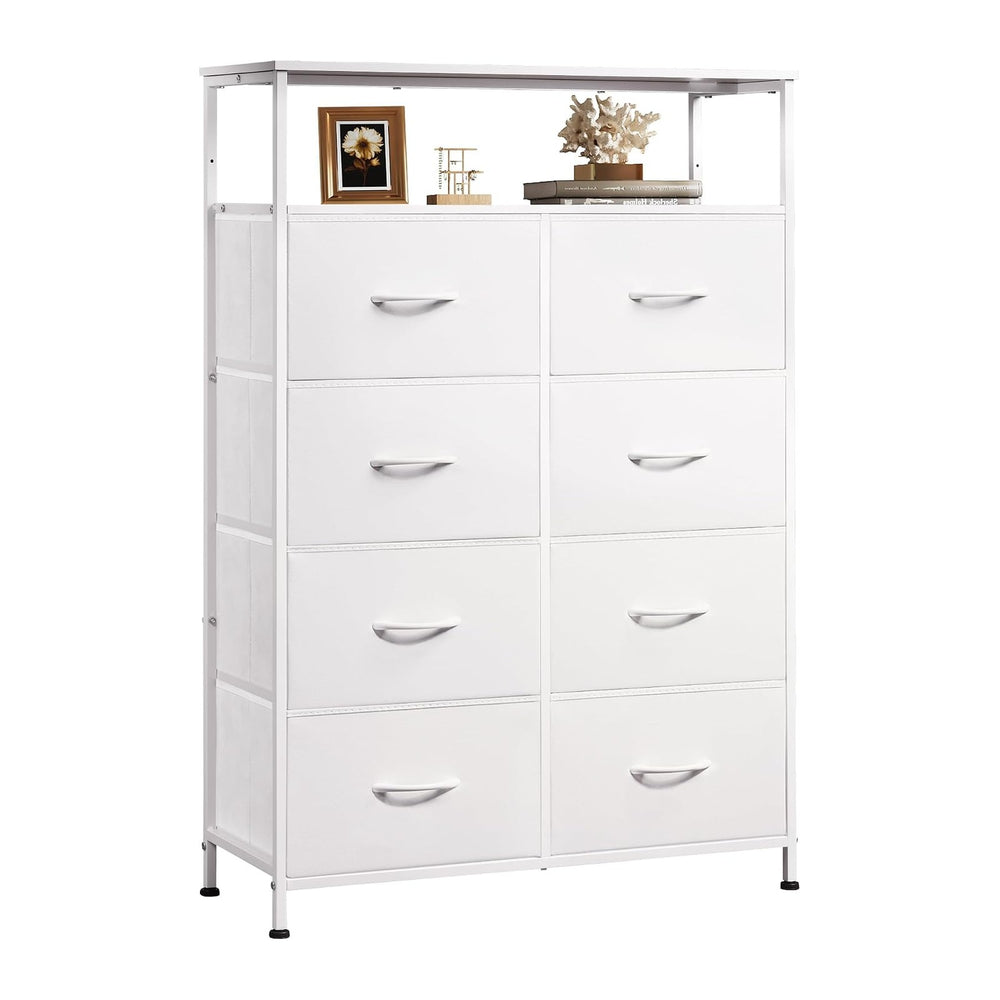 WLIVE 8 Drawer White Fabric Dresser Open Shelves,Tall Storage Tower