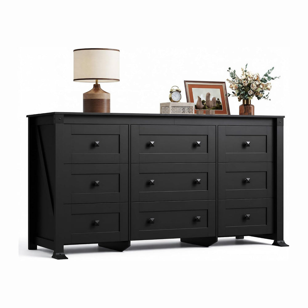 WLIVE 9 Drawer Dresser Black, 62" Wide Wooden Chest with Anti-Tip Structure