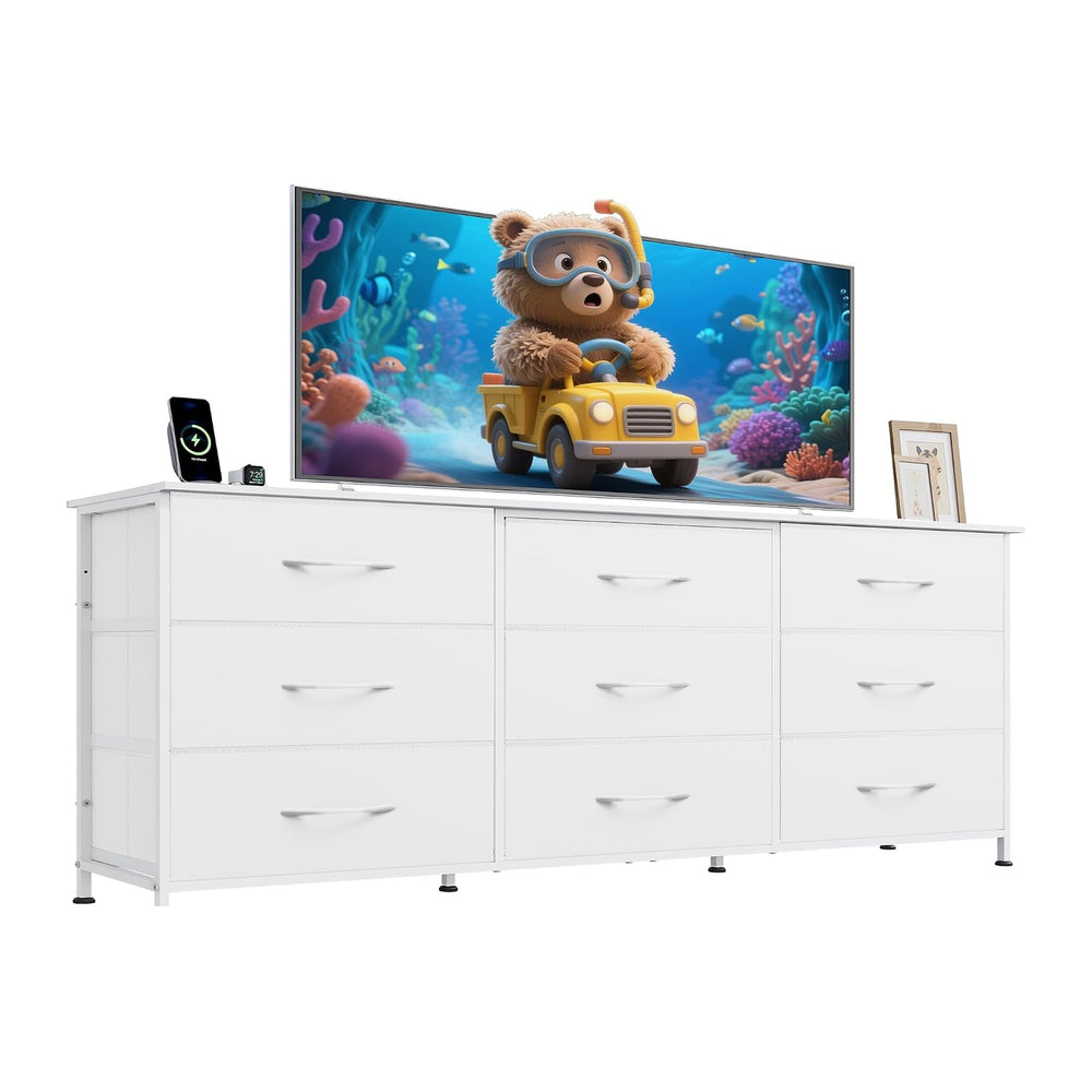 WLIVE Dresser TV Stand for 75 Inch TV, 9 Drawer Dresser for Bedroom, White