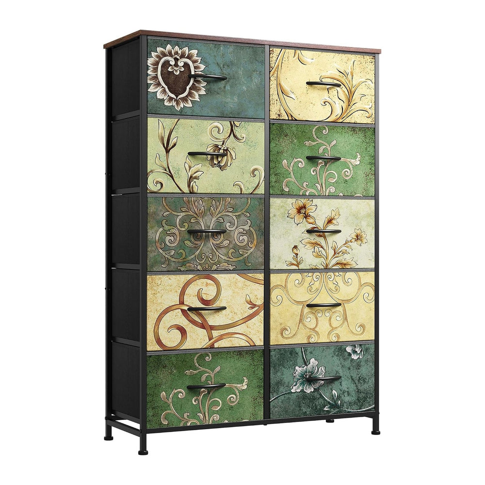 WLIVE Tall Dresser for Bedroom with 10 Fabric Drawers, Floral Painted