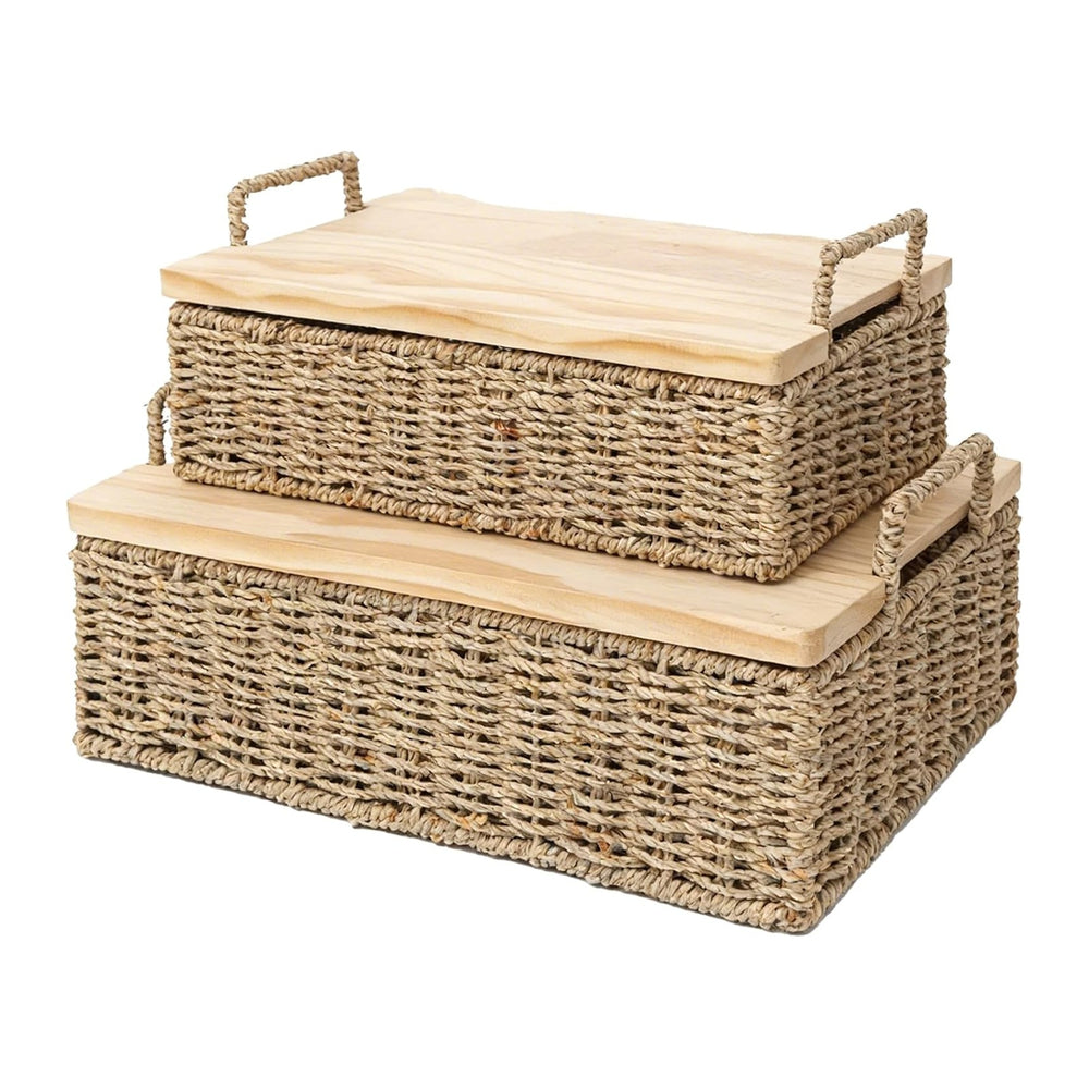 Woven Seagrass Wicker Storage Basket Set of 2 with Wooden Lids