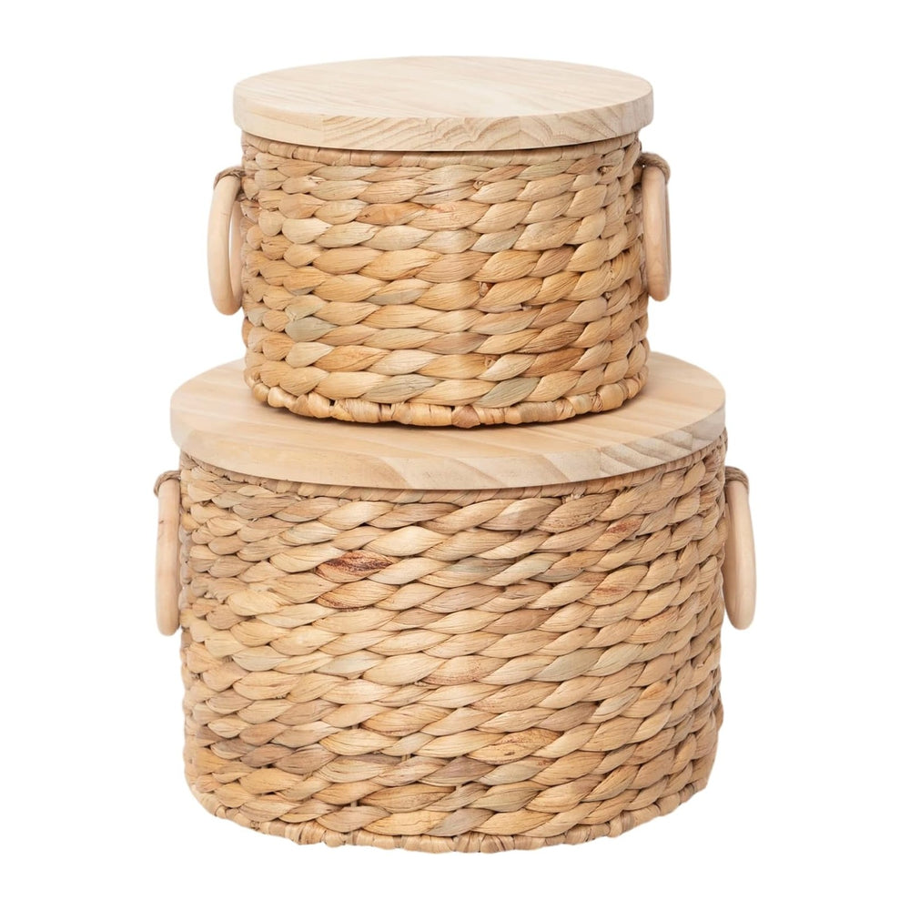 Woven Water Hyacinth Storage Basket Set of 2 with Lids