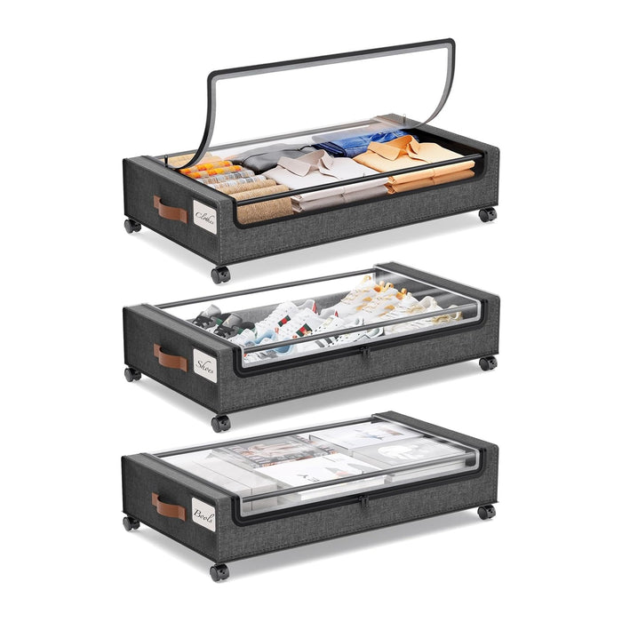 Yecaye 3 Pack Under Bed Storage with Wheels, Under Bed Storage Containers, Underbed Shoe Storage Organizer, Rolling Under Bed Metal Drawers for Clothes, Blankets(30.7 x 16.9 x 6.7 in)