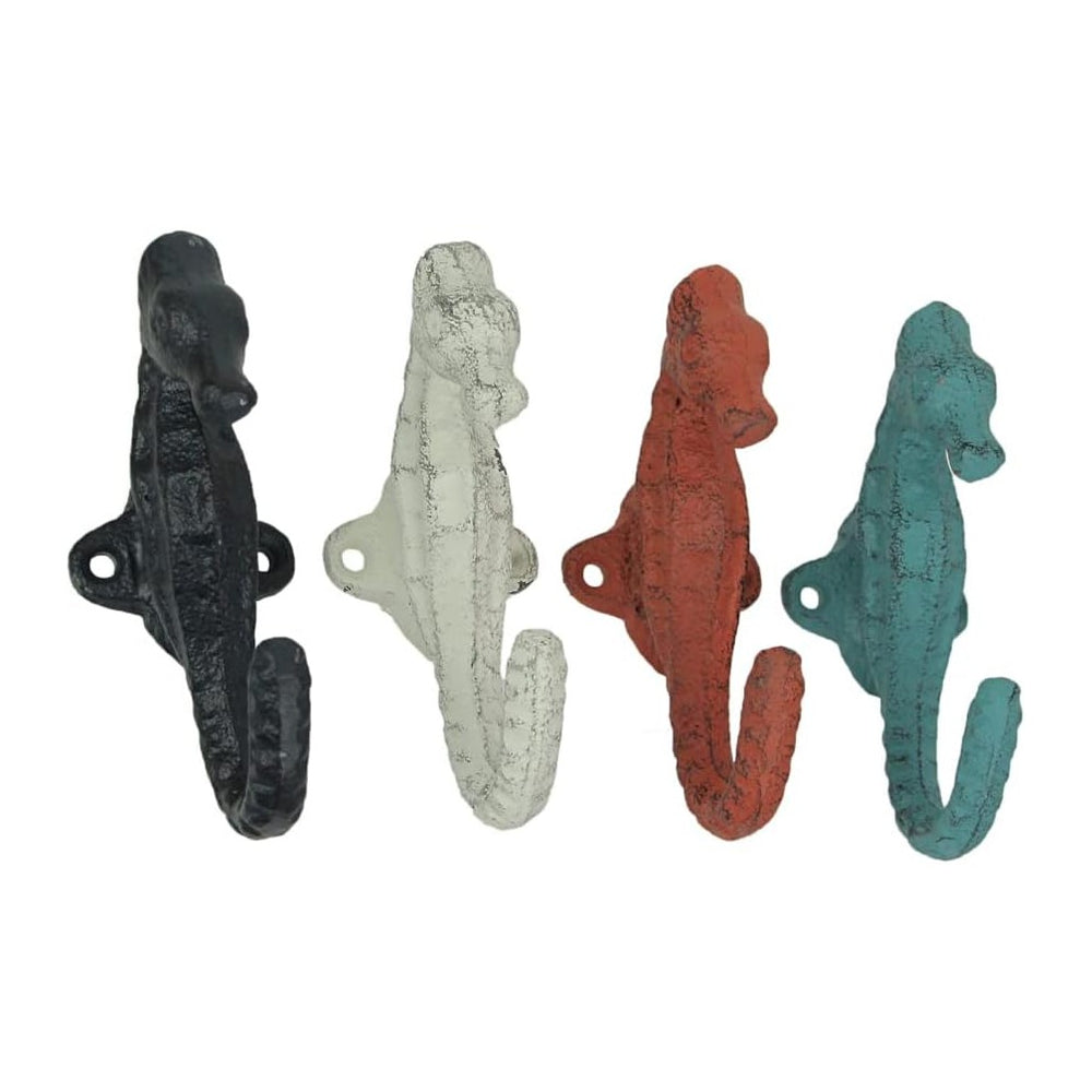 Zeckos Set of 4 Coastal Seahorse Decorative Wall Hooks, 5 Inch Coral Orange