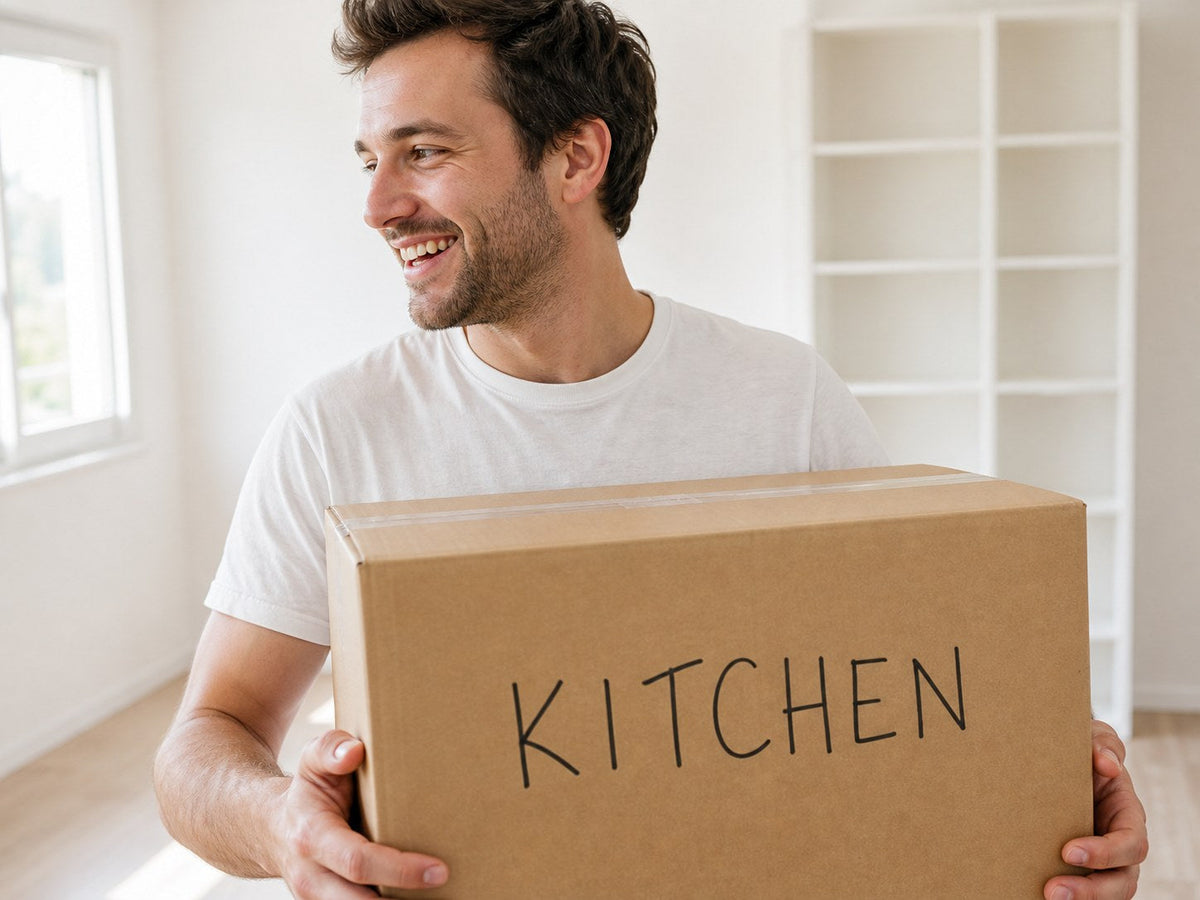 A man carrying a box marked KITCHEN in a bright empty room