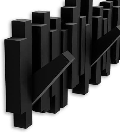 Umbra Sticks Wall Mount Coat Rack, 5 Hook Retractable Pegs, Black