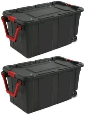 Industrial 40 Gallon Wheeled Tote Plastic Storage Bin, Black, Set of 2