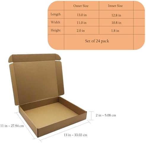 13x11x2 inches Shipping Boxes Set of 24, Brown Corrugated Packaging Mailers