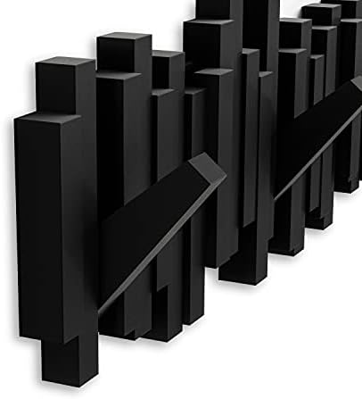Umbra Sticks Wall Mount Coat Rack, 5 Hook Retractable Pegs, Black