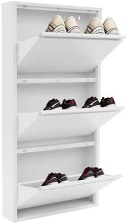 Wall Mounted Shoe Storage Cabinet, 3 Tiers 20 Inch Shoe Cabinet, White Flip-D...