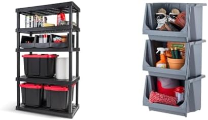 Bundle of IRIS USA 5-Shelf Heavy Duty Plastic Storage Shelves, Black + IRIS U...