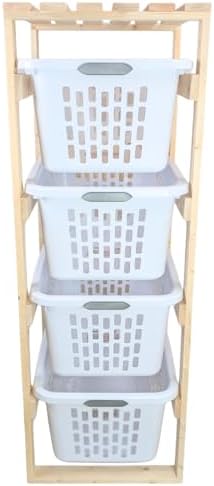 4 Tier Narrow Solid Wood Laundry Basket Storage Organizer