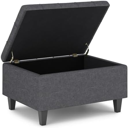 SIMPLIHOME Harrison 34" Wide Linen Look Rectangle Ottoman in Slate Grey